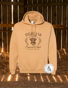 Highland Cattle Social Club Hoodie- Gold in colour/ Brown graphic