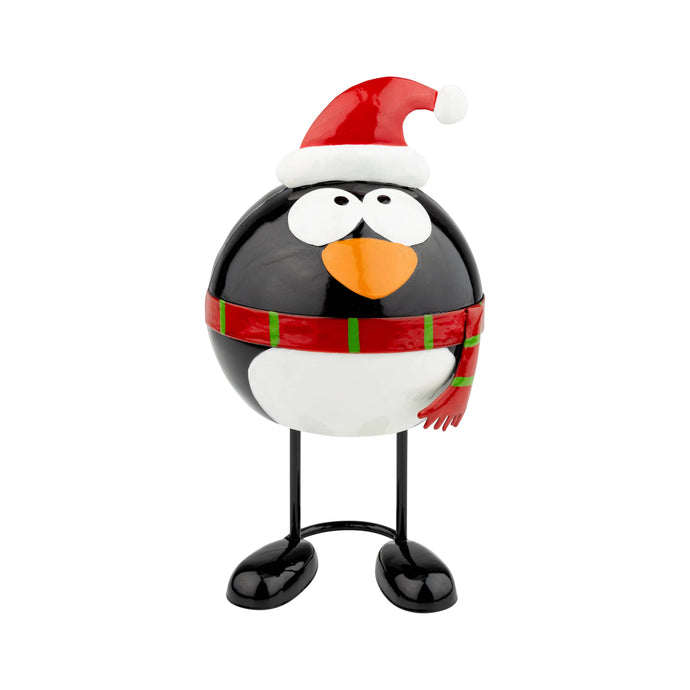 A04010: Mtl penguin tblpc,Santa hat,blk leg,rd,grn scarf,8in