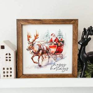 Happy Holidays Santa and Reindeer Framed Christmas Sign