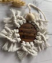 Load image into Gallery viewer, Macrame Christmas snowflake ornament baby it’s cold outside
