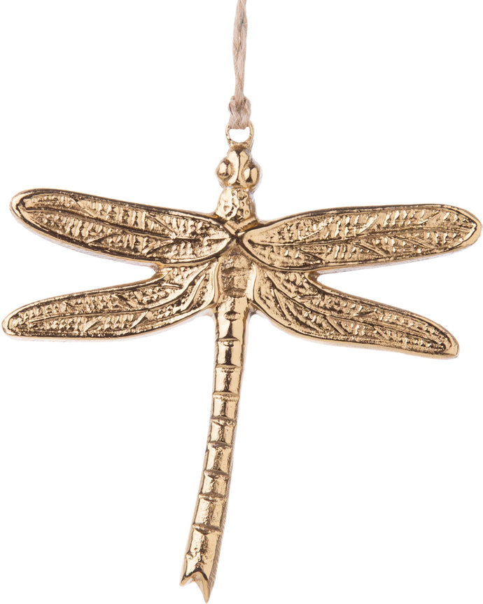 A69075: Cast metal dragonfly orn,shiny gld finish,5in