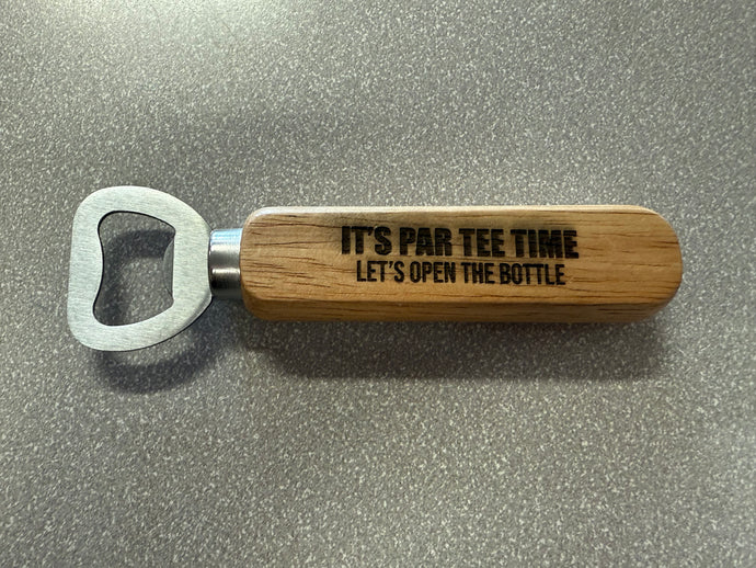 Wooden engraved bottle opener.