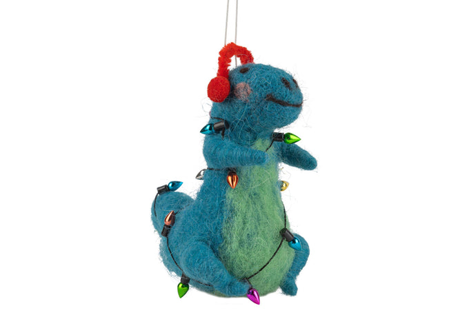 A12747: Felt dinosaur wrapped in light string orn,blue,4in