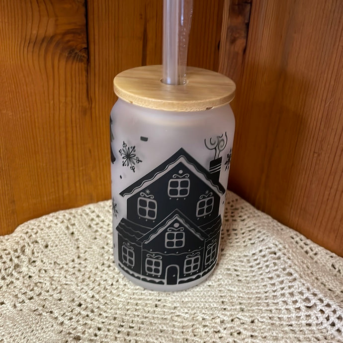 Christmas 13oz glass frostie with bamboo lid and straw