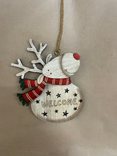 Load image into Gallery viewer, Wooden reindeer with scarf and saying
